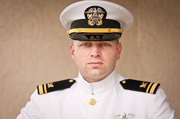 Head and Shoulder Portrait of  Caucasian Naval Officer in Uniform Close up of Naval Officer us navy stock pictures, royalty-free photos & images