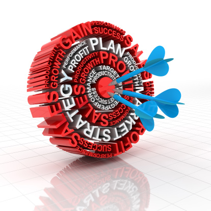 3d render of a target formed by words related to business, clipping path included so that you can change the background.
