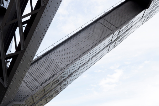 Closeup low angle view of giant steel support beam on Harbour bridge in Sydney Australia, against sky, full frame horizontal composition with copy space