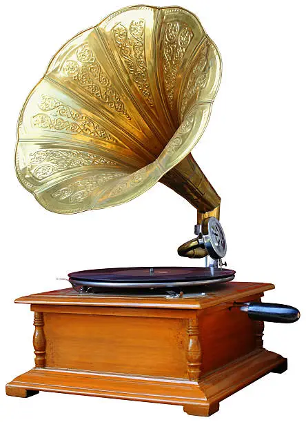 Retro gramophone with record on white background.