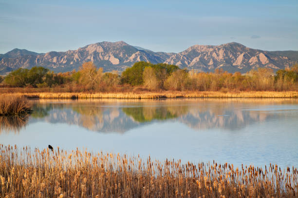 istock Flatirons at dawn reflecting in lake 155392678