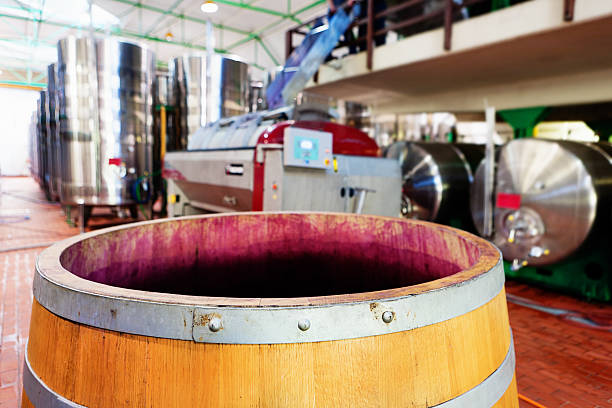 グレープの仕上げのワイン樽に、モダンなワイナリー機器の背景 - oak barrel ストックフォトと画像
