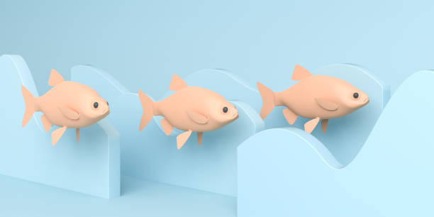 istock Cartoon style abstract image od three fish between blue waves on blue background. Web banner format 1553930787