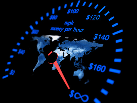 Finance speedometer Money per hour with earth map