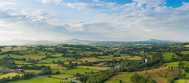 no verão, o verde paisagem panorama aérea de retalhos - welsh culture wales field hedge - fotografias e filmes do acervo