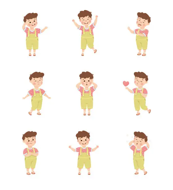 Vector illustration of Cute little boy with different emotions set. Brown haired boy dressed jumpsuit showing various face expression and gesturing cartoon vector illustration