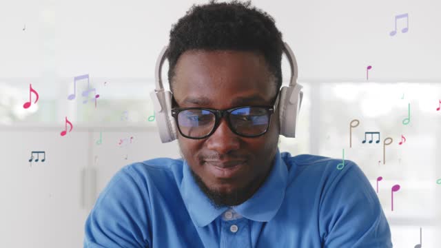 African -American man listen to music in headphones with musical notes hologram