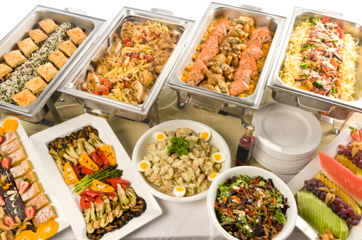 Full buffet with hot items, salads,platters and dessert