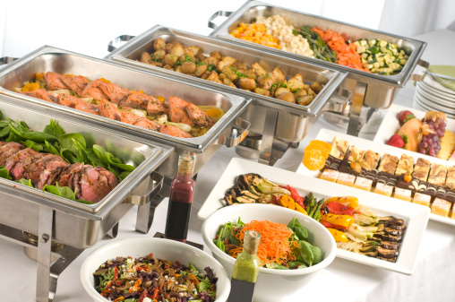 Full Buffet with chaffing dishes, salads, platters and dessert