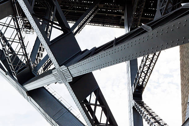 Closeup of the steel framework of the Harbor bridge Low angle view of steel structure and beams under Harbour bridge Sydney Australia, full frame horizontal composition bridge built structure stock pictures, royalty-free photos & images