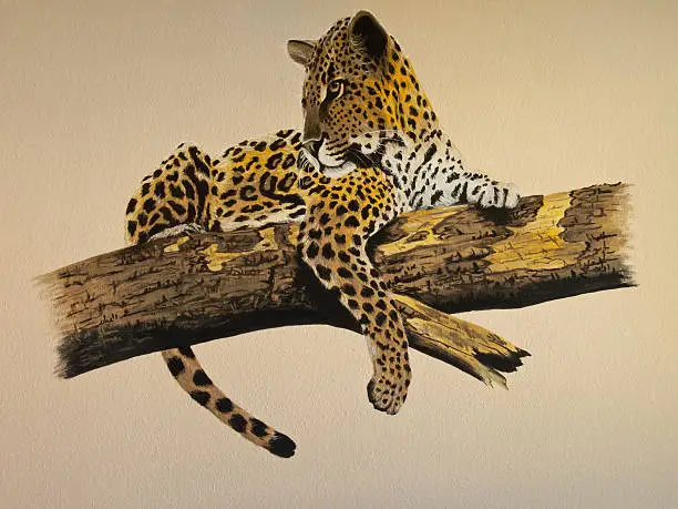 Wallpainting of a leopard on ingrain wallpaper. This paintig is made by myself.