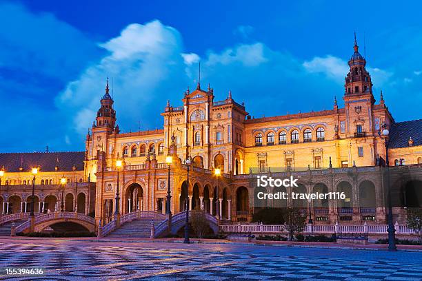 Plaza De Espana In Seville Spain Stock Photo - Download Image Now - Seville, Plaza de Espana - Seville, Night