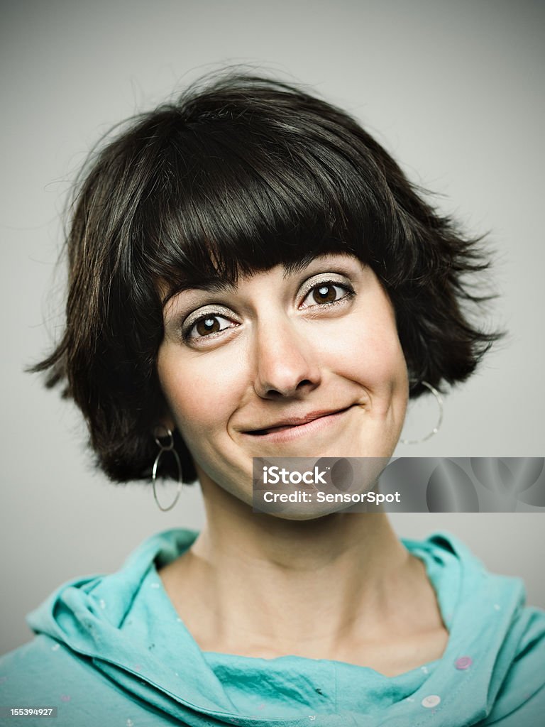 Real young woman. Real young spanish woman portrait smiling. Cheesy Grin Stock Photo