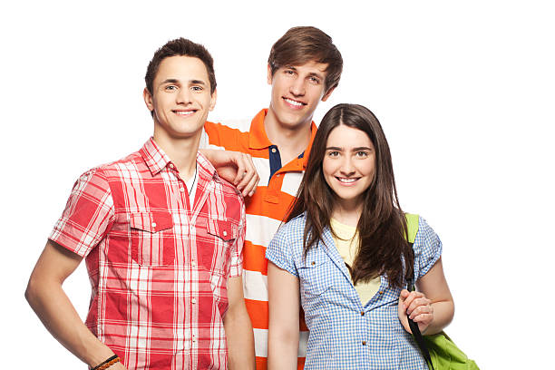 gruppe von jungen studenten - horizontal female with group of males posing looking at camera stock-fotos und bilder