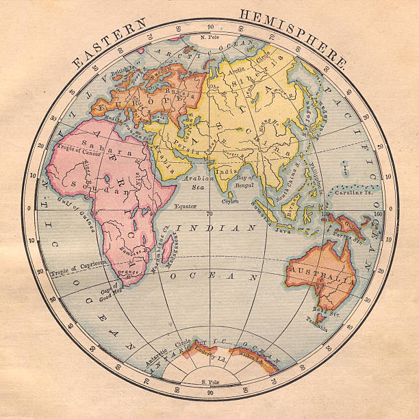 vecchia, colore mappa dell'emisfero orientale dal 1870 - 1870 foto e immagini stock