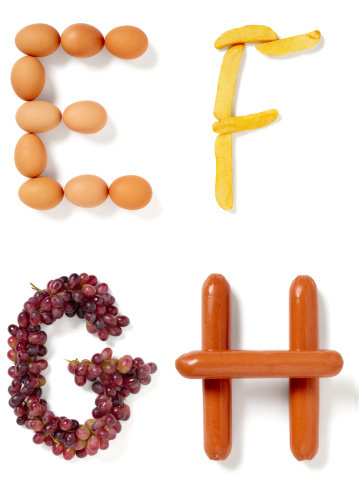 Letters E,F,G and H made from foods starting with corresponding letters: eggs, fries, grapes and hotdogs,part of entire food alphabet.  Larger files include clipping path.  Exported at 16 bit, color corrected and retouched for maximum image quality.