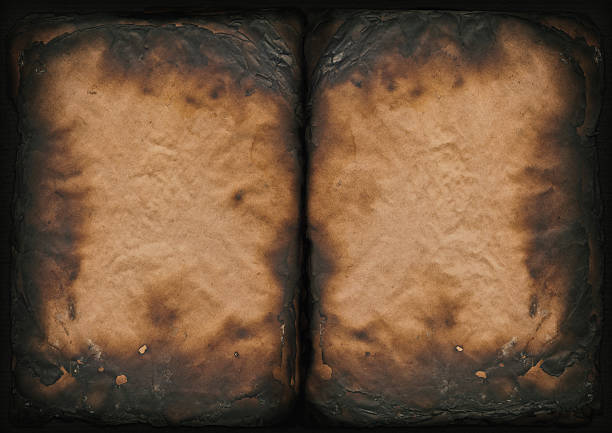High Resolution Burnt Antique Book Paper Pages Vignette Grunge Texture This Extra Large, A-3 Size, High Resolution Scan of Badly Burnt Antique Book Paper Blank Pages, Carbonized, Stained, Vignette Grunge Texture, is excellent choice for implementation in various CG design projects.  burnt stock pictures, royalty-free photos & images