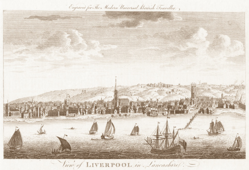 The Port of Liverpool, England. This is a scan of an original engraving from 'The Modern Universal British Traveller' published by J Cooke in 1779. At this time ships out of Liverpool dominated the transatlantic slave trade.