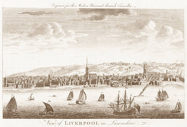 Liverpool - 18th Century Engraved Image The Port of Liverpool, England. This is a scan of an original engraving from 'The Modern Universal British Traveller' published by J Cooke in 1779. At this time ships out of Liverpool dominated the transatlantic slave trade. 18th century style stock pictures, royalty-free photos & images