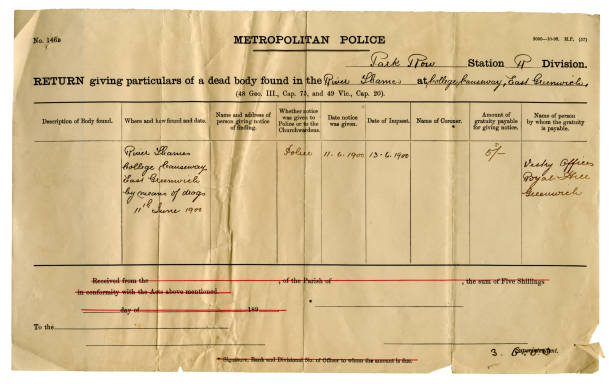 istock Death certificate for drowned man at Greenwich, England 155395749