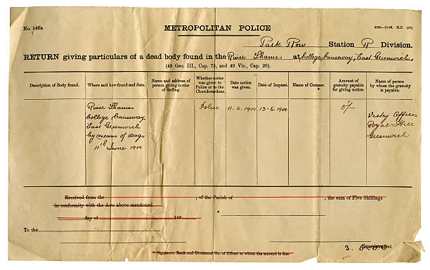 Death certificate for drowned man at Greenwich, England A certificate of particulars issued by the Metropolitan Police for a man found drowned at Greenwich in 1900. All names removed. drowning photos stock pictures, royalty-free photos & images