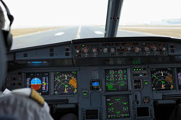 Cockpit of Airbus A320 on Runway Ready for Take-off.