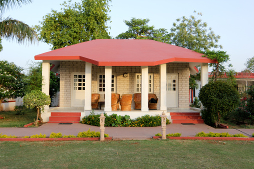 A cabin or bungalow in a tourist resort on the outskirts of Ranthambhore National Park in Rajasthan. Tourists use these resorts as a base from which to explore the jungles of Ranthambhore, and to locate tigers.