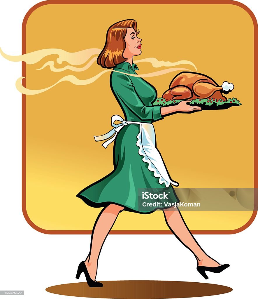 Młoda kobieta w stylu Retro w obiedzie z okazji Święta Dziękczynienia - Grafika wektorowa royalty-free (Indyk - Białe mięso)