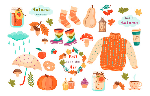 Hello Autumn. Vector set of autumn icons: Cozy sweater, falling leaves, cozy food, candles, pumpkin . A scrapbook collection of fall season elements. Autumn greeting card