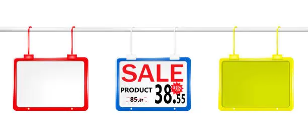 Vector illustration of Pop display stand isolated on white background color mock-up set. Shelf label for retail store vector mockup. Supermarket price tag holder board. Easy editable