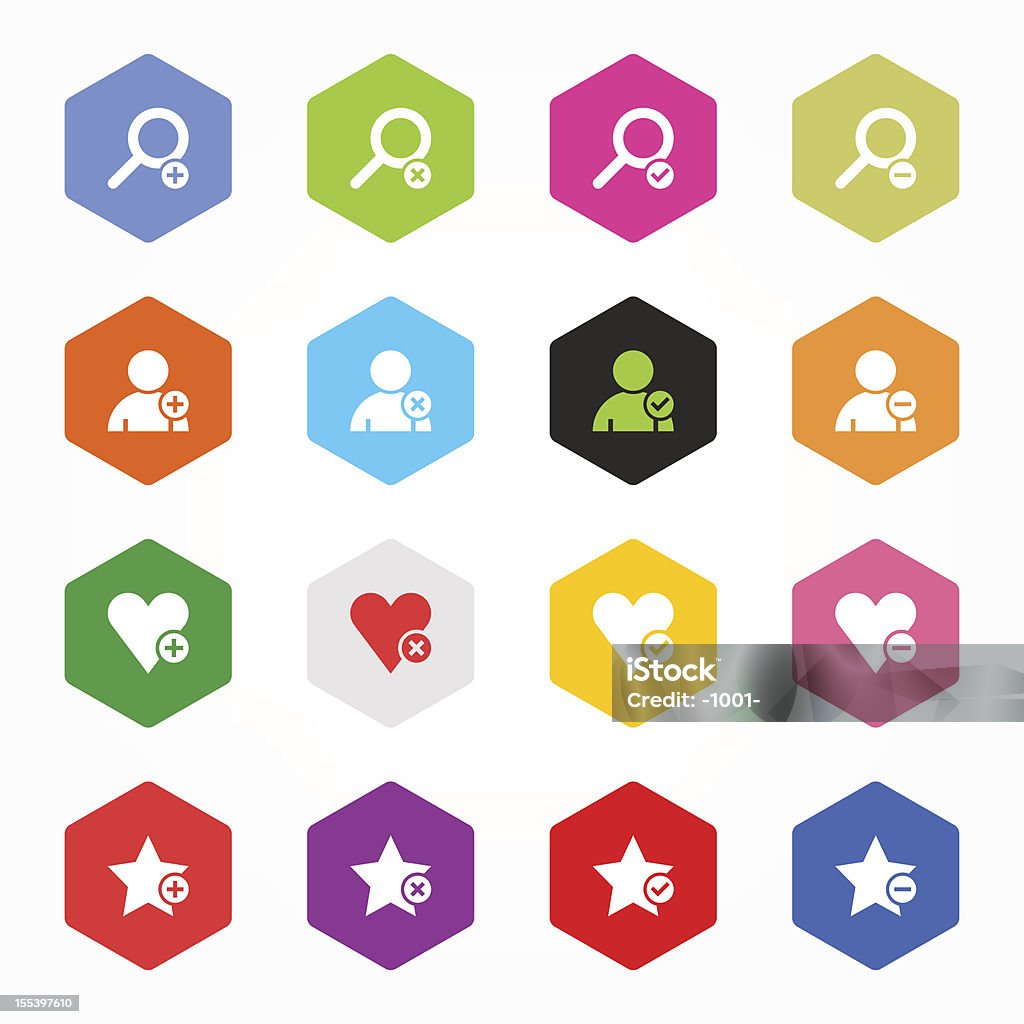 Hexagonal icono con lupa, usuario, corazón, estrella las señales de color de los botones - arte vectorial de Amarillo - Color libre de derechos