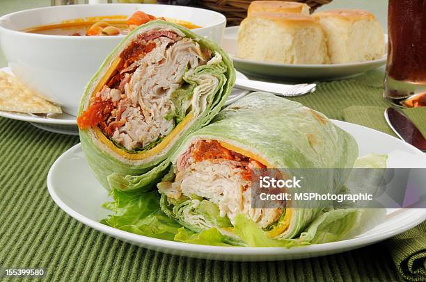 Turkey Or Chicken Wrap With Vegetable Beef Soup Stock Photo - Download Image Now - Wrap Sandwich, Lettuce, Turkey Meat