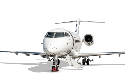 Close-up luxury private jet with an opened gangway door isolated on white background