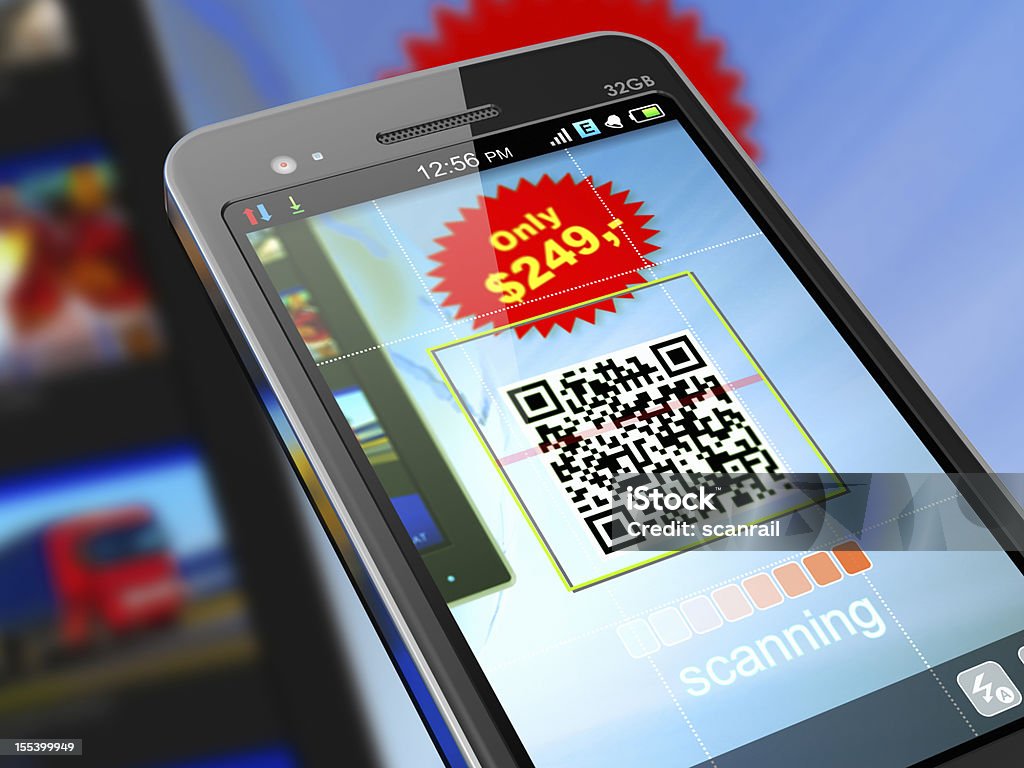 Smartphone scanning QR code for shopping http://dl.dropbox.com/s/411sgflctjdsm6b/Mob_s.jpg Bar Code Reader Stock Photo