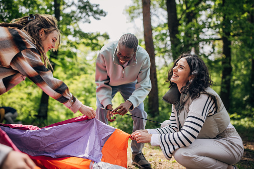 Multi-racial group of friends, male and female hikers setting up a tent together in nature.