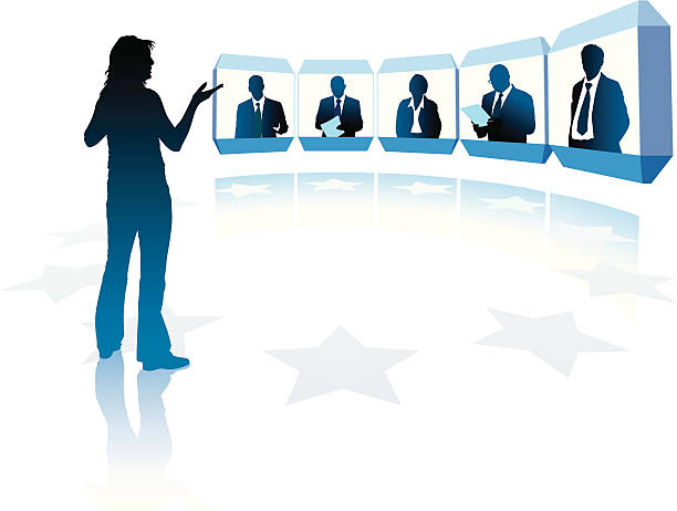 Graphic of six people in a video conference Group of successful businesspeople having a videoconference  internet silhouettes stock illustrations