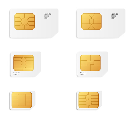 Sim card types icon set isolated. Cellular phone card - Normal, Mini, Nano. Smart cellular wireless communication gsm chip, electronics and telecommunication microchip design on white.