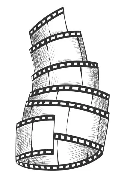 Vector illustration of Film strip. Empty film strip tape with shaddow for projection, movie and cinema design. Vector monochrome element isolated on white background