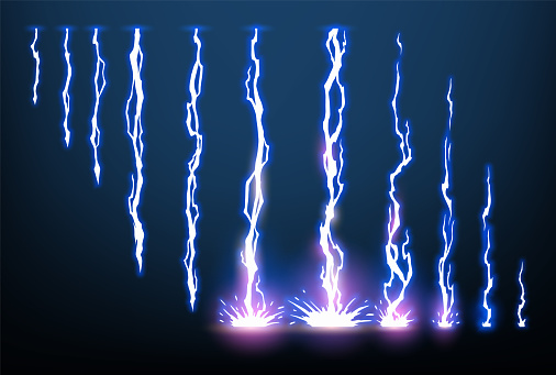 Lightning animation set with sparks. Electricity thunderbolt danger, light electric powerful thunder. Bright energy effect, vector illustration.