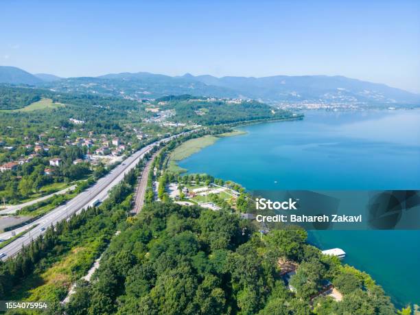 Aerial View With Drone Of Highway Road Near The Sapanca Lake Sakarya Turkey Stock Photo - Download Image Now