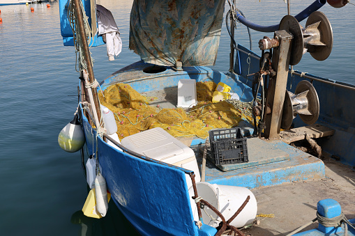 Rethymnon, Crete, Greece - Sept 18, 2021: Fishing Boats in the Old Venetian Harbour, Rethymnon, Crete, Greece