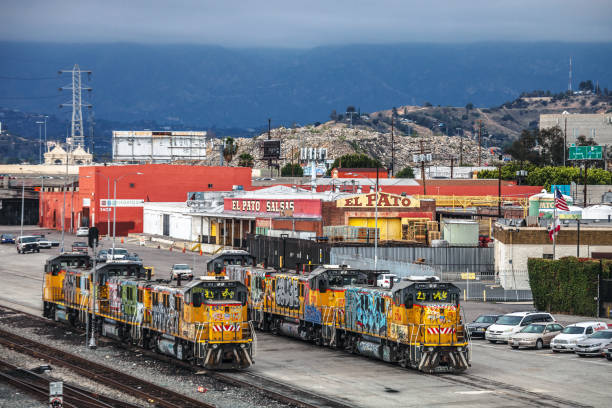 Los Angeles, California, USA - Locomotives atanding on railroad track near 1st Street Bridge.