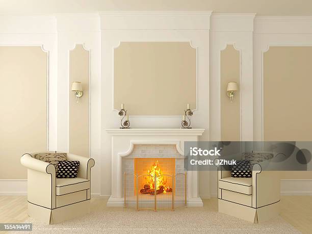 Armchairs Near The Fireplace Stock Photo - Download Image Now - Fireplace, Mantelpiece, Wall - Building Feature