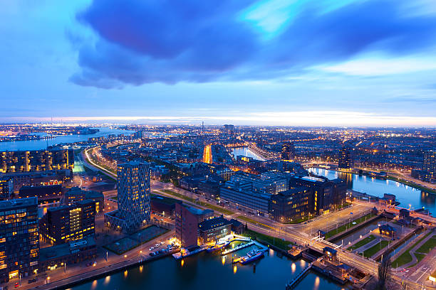 Sunset of Rotterdam Harbor,elevated view stock photo
