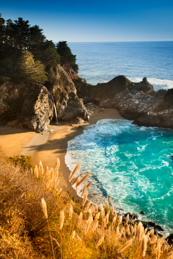 Beautiful California beach with rocks and turquoise ocean, Julia Pfeiffer beach, Big Sur, California, USA