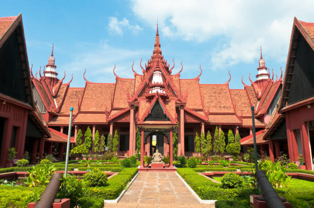 View of the Bronze Palace and Phochani Pavilion at the Royal Palace of Cambodia, a complex of buildings which serves as the official royal residence of the King of Cambodia. Its full name in Khmer is the Preah Barom Reacheaveang Chaktomuk Serey Mongkol.