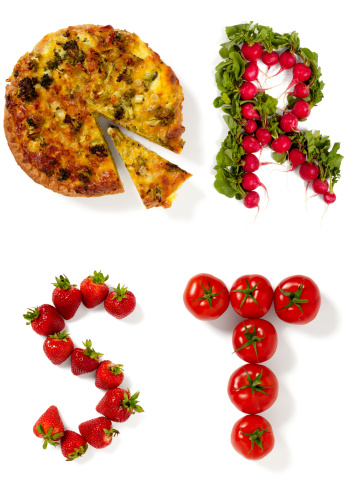 Letters QRST isolated, made from foods with corresponding letters; Quiche, Radishes, strawberries and Tomatoes.  Part of entire food alphabet.  Larger files include clipping path.  Color corrected, exported 16 bit depth, retouched and saved for maximum image quality.
