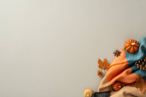 istock Above view pic presenting warming up at home with a cozy patchy plaid and autumnal decorations like pumpkin-shaped candles, pinecones and maple leaves on isolated light grey background with copy-space 1554157454