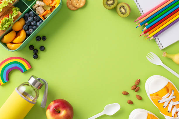 istock Create enticing lunchtime visual with photograph showcasing lunchbox filled with sandwich, fruits, vegetables, and water bottle against light green backdrop, leaving copyspace for text or advertising 1554162318