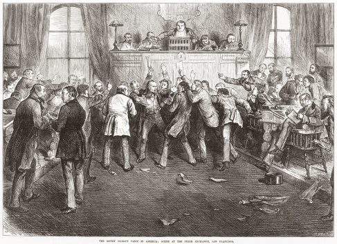 Entitled 'The Money Market Panic in America: Scene At The Stock Exchange, San Francisco'. Original engraving from 'The Illustrated London News' dated October 4 1873. The crash of 1873 triggered what is now known as the 'Long Depression'.